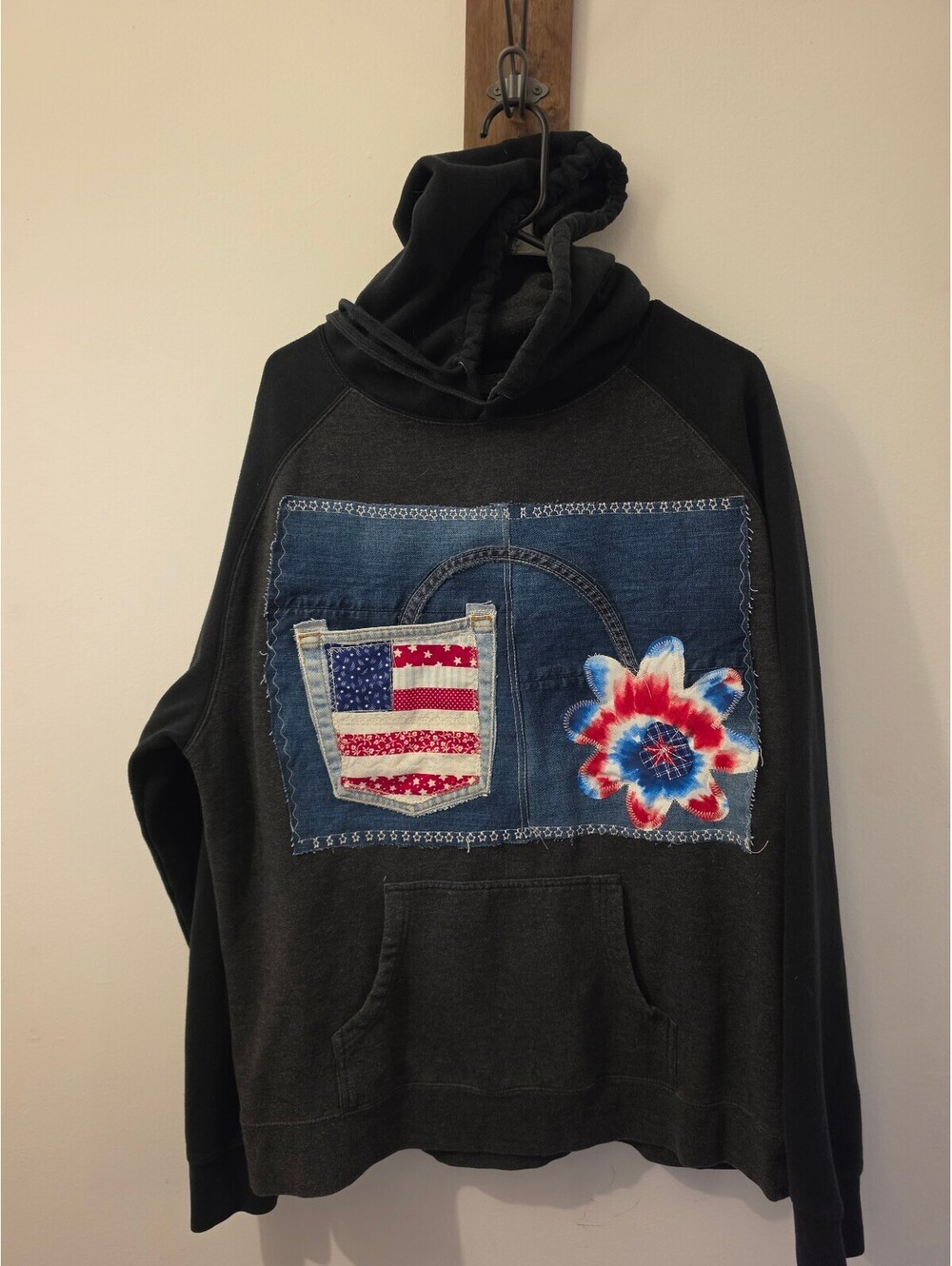Upcycled Troll Co XL Black Hoodie Patriotic Denim Pocket Flower Wearable Art